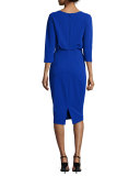 3/4-Sleeve Knit Blouson Dress, Blue 