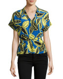 Short-Sleeve Palm-Print Blouson Blouse, Blue/Yellow
