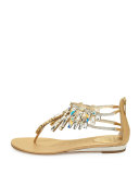 Large-Crystal Flat T-Strap Sandal, Gold