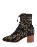 Butterfly-Studded Lace-Up Boot, Black