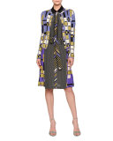 Long-Sleeve Mixed-Print Shirtdress, Lavender/Black