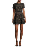 Eleanor Short-Sleeve A-Line Lace Combo Dress, Black