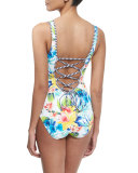 Floral-Print Lace-Up Back One-Piece Swimsuit