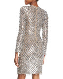 Dangling Metallic Long-Sleeve Dress, Silver/Suntan
