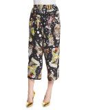 Monkey-Print Cropped Pants, Black