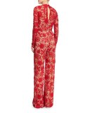 Long-Sleeve Plunging Lace Jumpsuit, Red