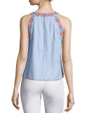 Meg Embroidered-Trim Crop Top, Blue Dusk/White