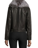 Leather Zip-Trim Bomber Jacket, Black