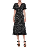 Polka-Dot Flutter-Sleeve Midi Dress, Black/White
