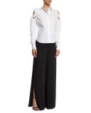 Tied Cold-Shoulder Oxford Blouse, White