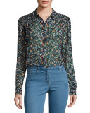 Dazed Long-Sleeve Floral Silk Blouse, Black