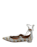 Christy Sequined Lace-Up Pointed-Toe Flat, Beige