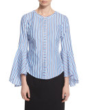 Ruthie Bell-Sleeve Striped Stretch-Poplin Blouse, Blue 