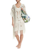 Embroidered Fringe-Hem Chiffon Caftan Coverup