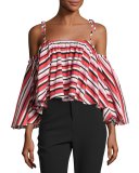 Amalfi Stripe Frill Cold-Shoulder Top, Red/Pink
