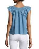 The Flutter Sleeve Embroidered Denim Top, Light Blue