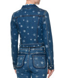 Laser Star-Print Cropped Jean Jacket, Light Blue Denim
