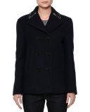 Rockstud-Trim Double-Breasted Peacoat, Navy