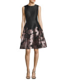 Sleeveless Floral Brocade Fit-and-Flare Dress, Blush/Black