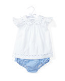 Sleeveless Embroidered Poplin Top w/ Striped Bloomers, White, Size 6-24 Months