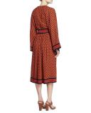Hexagon-Print Silk Wrap Dress, Coral/Multi