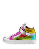 Multicolored Metallic Mid-Top Leather Sneaker, Multi