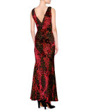 Sleeveless Velvet Devore Gown, Red/Multi