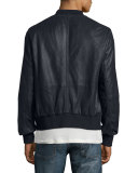 Burnished Leather Bomber Jacket, Dark Blue