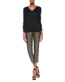 Floral-Print Side-Zip Pants, Black/Suntan