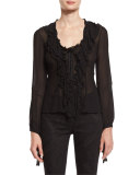 Ruffled-Front Silk Blouse, Black