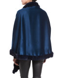Asymmetric Cashmere Wrap w/ Rabbit Fur, Dark Blue