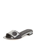 Buttoni Crocodile-Embossed Slide Sandal, Pewter/Black