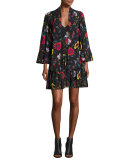 Bell-Sleeve Floral Chiffon Mini Dress, Black/Multicolor