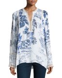 Hadar Lace-Trim Printed Silk Blouse, Multi