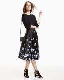 3/4-sleeve ruffle-trim sweater, black