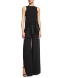 Sleeveless Mesh-Trim Crepe Top, Black