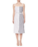 Striped Button-Front Sleeveless Midi Sundress with Belt, Blue/White
