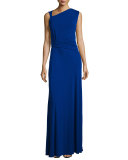 Ruched Matte Jersey Sleeveless Gown, Indigo