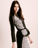 3/4-Sleeve Zip-Front Leather/Tweed Peplum Jacket, Black/Ivory
