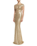 Cap-Sleeve Sequined Column Gown, Champagne