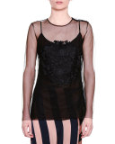 Floral-Embroidered Sheer Top, Black