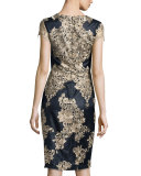 Short-Sleeve Embroidered Cocktail Dress, Navy/Gold