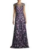 Cap-Sleeve Embroidered Floral Mesh Gown, Navy/Purple