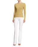 Long-Sleeve Jewel-Neck Metallic Top, Gold