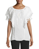 Short-Sleeve Embroidered Peasant Top, Ivory 