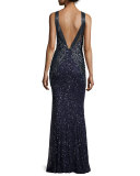 Sequined Sleeveless Halter Gown, Deep Sea