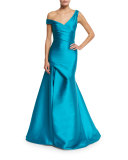 Off-the-Shoulder Draped Mikado Gown, Aquamarine