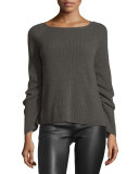 Ribbed Ruched-Sleeve Sweater, Flint