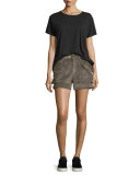 Suede Buckled Mid-Rise Shorts, Mortar