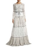 Sara Long-Sleeve Paneled Lace Gown, Ivory